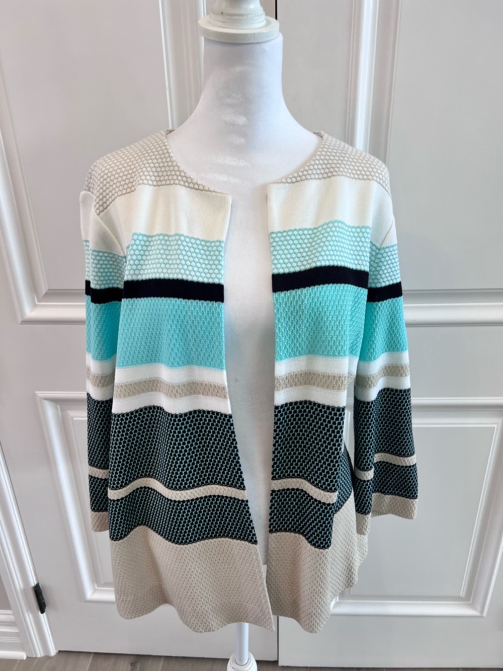 Misook Open-Front Striped Cardigan in Aqua, Black and Cream